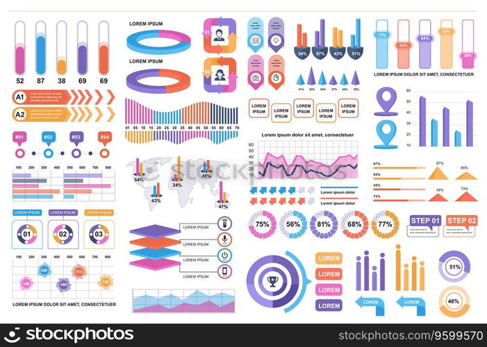 Bundle infographic elements data visualization vector design template. Can be used for steps, business processes, workflow, diagram, flowchart concept, timeline, marketing icons, info graphics.