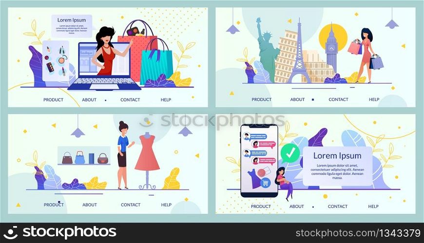 Bundle Landing Page Mobile App Online Brand Store. Set Vector Mobile Application Template. Girl, Online Consultant Customer Help Shopping, Bag, Clothes, Dress, Cosmetic, Perfume, World Landmarks. Bundle Landing Page Mobile App Online Brand Store