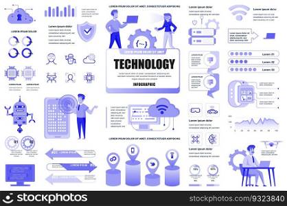Bundle new technologies infographic UI, UX, KIT elements. Different charts, diagrams, it service, cloud technology, artificial intelligence design template. Vector info graphic and infographics set.