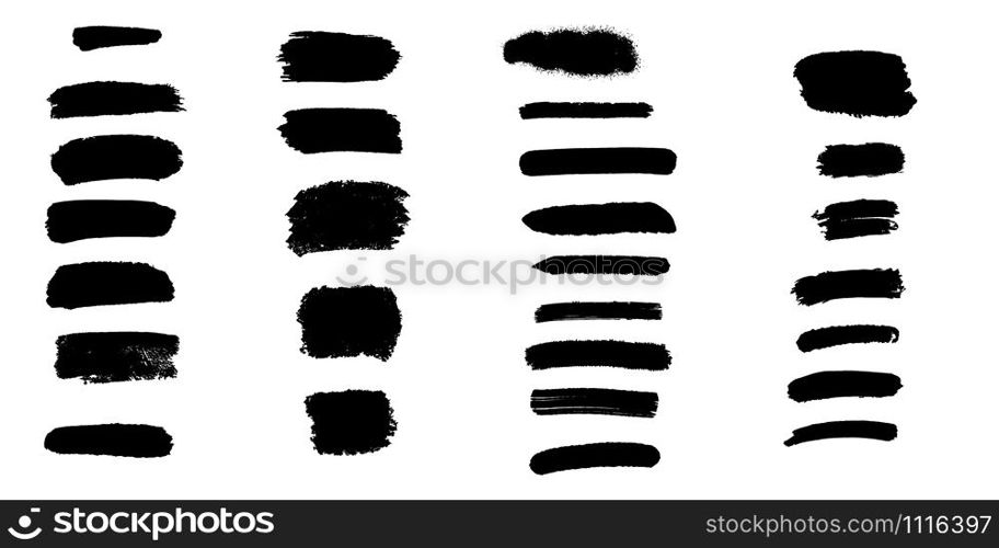 Bundle of black brush strokes, paint traces, lines, smudges, smears, stains, scribbles isolated on white background. Vector illustration.. Bundle of black brush strokes, paint traces, lines, smudges
