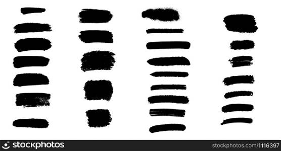 Bundle of black brush strokes, paint traces, lines, smudges, smears, stains, scribbles isolated on white background. Vector illustration.. Bundle of black brush strokes, paint traces, lines, smudges