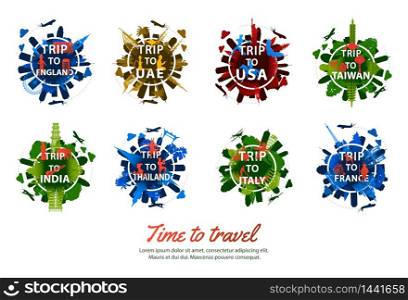 bundle of famous landmark of the world silhouette style around text with colorful tone,travel and tourism,vector illustration