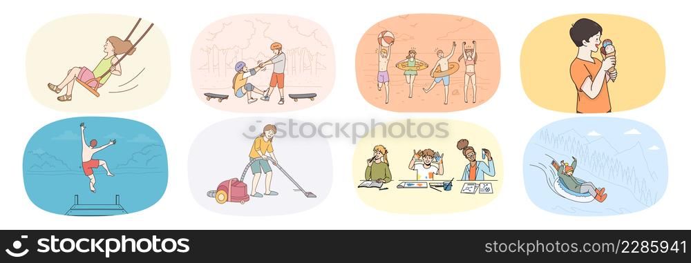 Bundle of happy small children enjoy careless childhood eating ice-cream and playing with friends. Set of smiling kids have fun relax involved in daily activities. Childcare. Vector illustration. . Bundle of happy kids have fun enjoying childhood