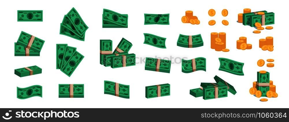 Bundle of money. Currency coins and banknotes, collection of flat 3D green dollar stack. Vector cartoon image different pile of golden coins and heap bundles banknotes cash. Bundle of money. Currency coins and banknotes, collection of flat 3D green dollar stack. Vector pile of golden coins