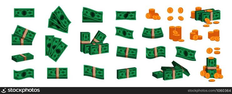 Bundle of money. Currency coins and banknotes, collection of flat 3D green dollar stack. Vector cartoon image different pile of golden coins and heap bundles banknotes cash. Bundle of money. Currency coins and banknotes, collection of flat 3D green dollar stack. Vector pile of golden coins