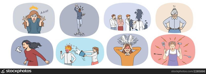 Bundle of overwhelmed mad people show rage and fury unable to control emotions. Set of unhappy angry men and women feel furious suffer from stress shout and yell. Vector illustration. . Collection of furious people yell unable to control emotions 