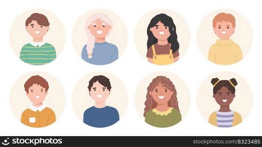 Bundle of smiling faces of boys and girls with different hairstyles, skin colors and ethnicities. Vector illustration in flat cartoon style.. Bundle of smiling faces of boys and girls with different hairstyles, skin colors and ethnicities. Vector illustration in flat cartoon style