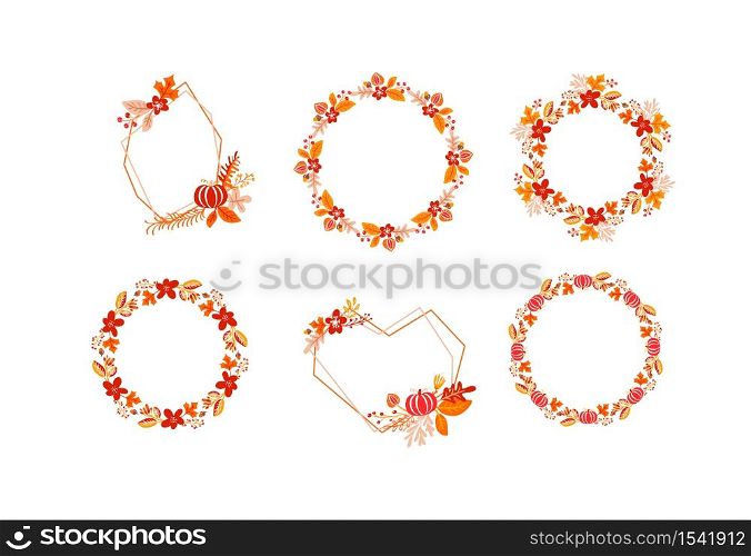 Bundle of vector frame autumn bouquet wreath with place for text. Set of orange isolated leaves, berries and pumpkin. Perfect for seasonal holidays, Thanksgiving Day.. Bundle of vector frame autumn bouquet wreath with place for text. Set of orange isolated leaves, berries and pumpkin. Perfect for seasonal holidays, Thanksgiving Day