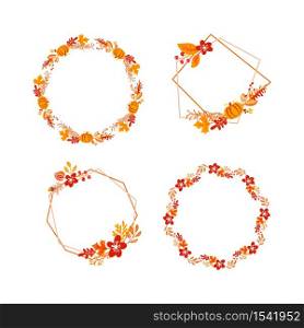 Bundle of vector frame autumn bouquet wreath with place for text. Orange leaves, berries and pumpkin isolated. Perfect for seasonal holidays, Thanksgiving Day.. Bundle of vector frame autumn bouquet wreath with place for text. Orange leaves, berries and pumpkin isolated. Perfect for seasonal holidays, Thanksgiving Day
