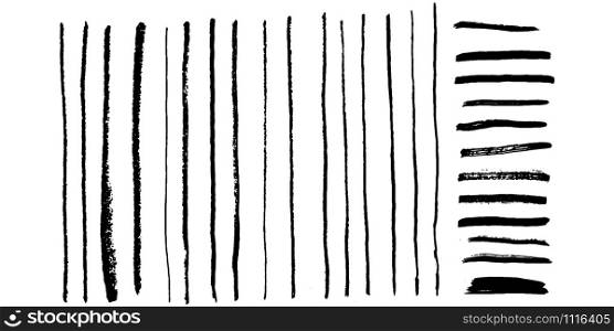 Bundle of vertical and horizontal black brush strokes, paint traces, lines, smudges, smears, stains, scribbles isolated on white background. Vector illustration.. Bundle of vertical and horizontal black brush strokes, paint traces