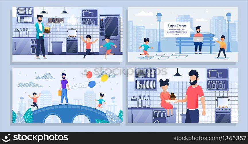 Bundle, Set Landing Web Page Single Father, Kids. Bearded Dad Freelancer, Daughter, Son, Family Activity, Cook Kitchen, Muffins, Cake. Play Park, Bridge, Balloons, Work Remotely. Vector Illustration. Bundle, Set Landing Web Page Single Father, Kids