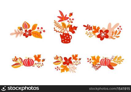 Bundle set of orange autumn leaves bouquets with teapot. Leaves of maple with cup, with pumpkin, with foliage oak, fall nature season poster thanksgiving design.. Bundle set of orange autumn leaves bouquets with teapot. Leaves of maple with cup, with pumpkin, with foliage oak, fall nature season poster thanksgiving design