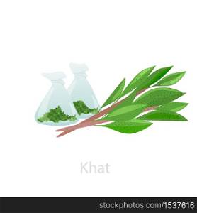 Bundles of khat leaves with raw materials in flasks. The concept of Catha edulis - a chewable organic drug used for euphoria, a relaxing mood boost.. Bundles of khat leaves with raw materials in flasks. The concept of Catha edulis
