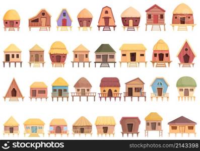 Bungalow icons set cartoon vector. African apartment. Cabin cottage. Bungalow icons set cartoon vector. African apartment