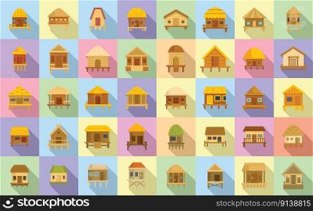 Bungalow icons set flat vector. African cabin. Beach cottage. Bungalow icons set flat vector. African cabin