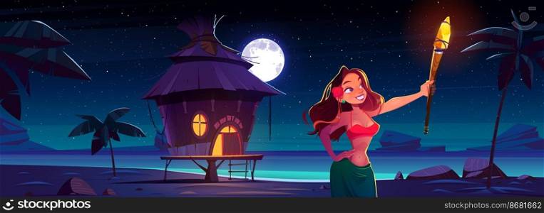 Bungalow night party banner with woman and resort wooden house on background of sea, palm trees and dark sky with moon and stars. Vector header of summer beach party on ocean shore. Bungalow night party banner with woman and sea