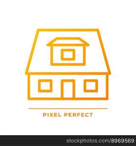 Bungalow pixel perfect gradient linear vector icon. House with sloped roof. Recreation home. Buying property. Cottage. Thin line color symbol. Modern style pictogram. Vector isolated outline drawing. Bungalow pixel perfect gradient linear vector icon