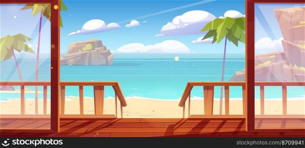 Bungalow wooden porch and view to sand sea beach with palm trees and mountains in water. Vector cartoon illustration of summer tropical ocean landscape and house terrace with staircase. Bungalow wooden porch and view sand sea beach