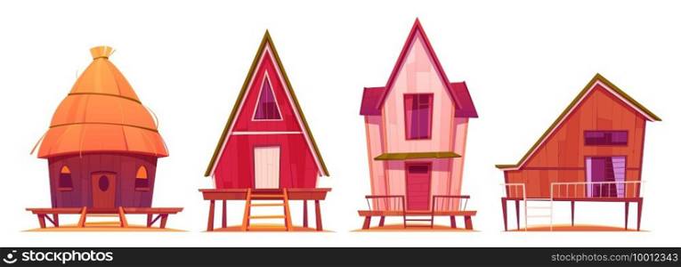 Bungalows, beach summer houses on piles with terrace, wooden private buildings, villas, hotel, cottages residential homes, apartments, living property, Cartoon vector illustration, isolated icons set. Bungalows, beach houses on piles with terrace