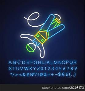 Bungee jumping neon light icon. Extreme sport. Bungy jumper falling down. Adrenaline recreation. Risky leap with rope. Glowing sign with alphabet, numbers and symbols. Vector isolated illustration