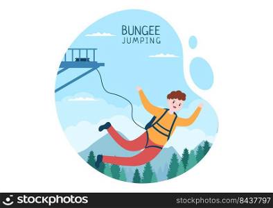 Bungee Jumping of People Tied with Elastic Rope Falling Down After Jump From a Height in Flat Cartoon Extreme Sport Vector Illustration