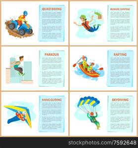 Bungee jumping woman and parkour man vector, rafting water sports performance of team in boat. Hang gliding and skydiving, active lifestyle of people. Rafting and Parkour in City, Motorbike Riding Set