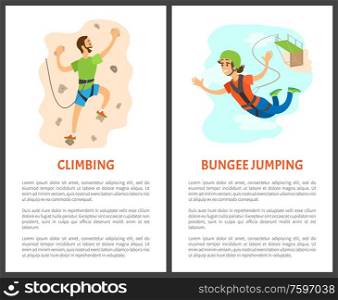 Bungee jumping woman vector, climbing hobby poster with text. Extreme sports activities giving adrenaline, hobby of people, wall with rocks flat style. Climbing and Bungee Jumping, Poster with Text