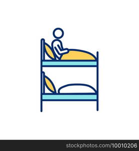 Bunk bed in dormitory RGB color icon. Low-cost shared sociable lodging. Hostel room. Inexpensive lodging facility for travelers. Dormitory-style sleeping arrangements. Isolated vector illustration. Bunk bed in dormitory RGB color icon