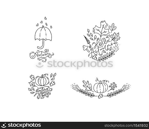 Bunlde set of vector illustration monoline calligraphy autumn phrases. Hand drawn autumnal elements pumpkin, umbrella and leaves isolated. Perfect for seasonal holidays, Thanksgiving Day.. Bunlde set of vector illustration monoline calligraphy autumn phrases. Hand drawn autumnal elements pumpkin, umbrella and leaves isolated. Perfect for seasonal holidays, Thanksgiving Day