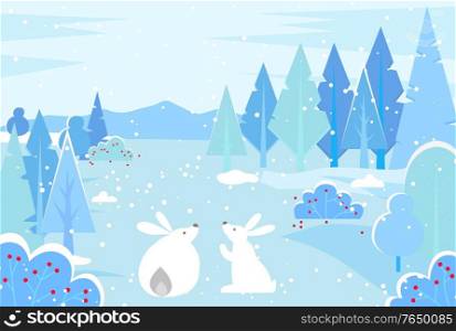 Bunnies sitting at snowy ground of winter forest. Hares at woods with spruce pine trees and bushes with red berries. Fluffy animals surrounded by nature. Rabbit looking at mountains, vector in flat. Hares Surrounded by Snowy Trees and Bushes Forest