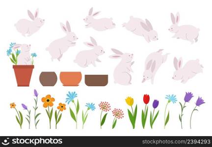 Bunnies with flowers. Cute bunny and wild flowers, tulip, daisy. Garden plants and rabbits, hare in floral pot. Spring summer season vector stickers, easter holiday. Illustration character and flowers. Bunnies with flowers. Cute bunny and wild flowers, tulips, daisy. Garden plants and rabbits, hare in floral pot. Spring summer season vector stickers, easter holiday elements