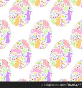 bunnies with nature fill in egg shape. Seamless pattern. Easter holiday design element. Vector illustration isolated on white background.