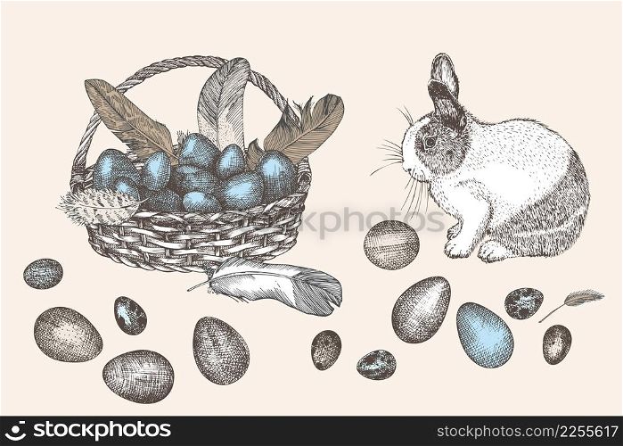 Bunny and Easter eggs basket. Birds Feathers. Engraved vintage style. Greeting card. Line art ester rabbit Decoration design. Happy holiday folkstyle banner. Hippity Hoppity Hop Vector illustration.. Bunny and Easter eggs basket. Birds Feathers. Engraved vintage style. Greeting card. Line art ester rabbit Decoration design. Happy holiday folkstyle banner. Hippity Hoppity Hop Vector.