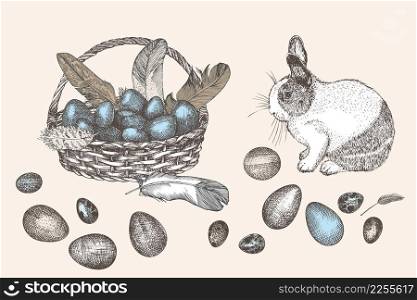 Bunny and Easter eggs basket. Birds Feathers. Engraved vintage style. Greeting card. Line art ester rabbit Decoration design. Happy holiday folkstyle banner. Hippity Hoppity Hop Vector illustration.. Bunny and Easter eggs basket. Birds Feathers. Engraved vintage style. Greeting card. Line art ester rabbit Decoration design. Happy holiday folkstyle banner. Hippity Hoppity Hop Vector.