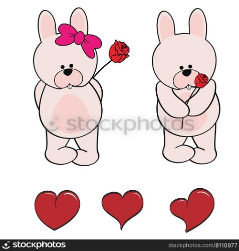 Bunny character cartoon valentine rose pack Vector Image