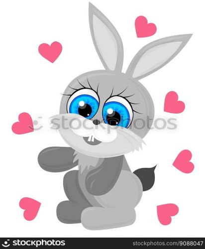 Bunny cute print. Cute rabbit illustration for baby t-shirt, baby clothes, invitation, baby design. Vector illustration of cartoon happy rabbit and hearts isolated on white background