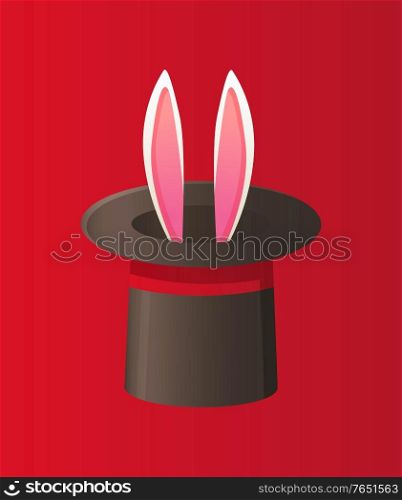 Bunny ears cylinder hat, focus with animal in round cap, flat design style of enigma circus element of performance, creative imagination with rabbit vector. Magical Performance with Rabbit, Illusion Vector