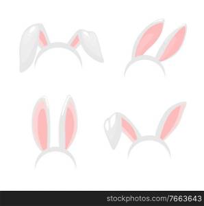 Bunny ears, Easter holiday vector isolated icons. Bunny rabbit ears mask, headband or hairband with bent hanging ear, Easter celebration symbols. Vector bunny rabbit ears, Easter holiday icons