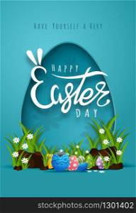 Bunny Easter card with paper cut egg shape frame with Easter egg , Grass, Flowers