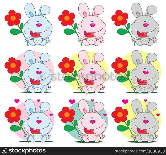 Bunny Holding A Flower Different Colors. Collection
