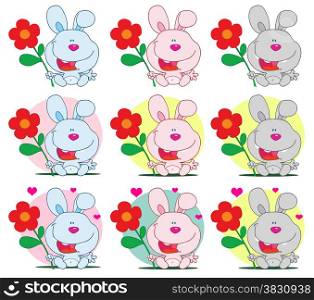 Bunny Holding A Flower Different Colors. Collection