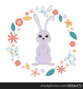 Bunny in floral round frame. Rabbit sits in flowers and herbs. Cute baby illustration, clip art. Blooming wildflowers and botanical twigs, flat vector illustration. Bunny in floral round frame