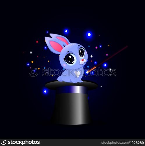 Bunny in magic hat with wand on blue sparkling glow background. Cute rabbit sitting on magician cylinder top hat. Circus poster, banner, concept with hat and rabbit trick. Cartoon illustration. Bunny in magic hat with wand on blue background