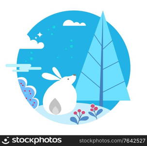 Bunny in winter forest, circle sticker. Isolated rounded view of hare sitting by pine tree and bushes. Berries growing on ground. Animal in woods looking at nature of cold season vector in flat. Winter Landscape and Bunny Animal in Forest Vector