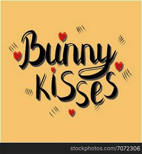 Bunny kisses handwritten lettering. 3D style note with red hearts on pastel yellow background. T-shirt, poster vector design. Vector illustration.. Bunny kisses hand drawn note in 3D.