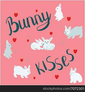 Bunny kisses handwritten lettering with red hearts and easter bunnies. T-shirt, poster vector design. Vector illustration.. Bunny kisses hand drawn quote with easter bunnies.