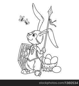 Bunny knight with a lance and shield. Vector illustration isolated on white background. Page for coloring book, greeting card, print. Hand-drawn vector illustration. Black and white illustration.