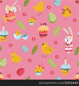 Bunny on colored egg, chicken n shell and baked cake with icing and cherry decor. Easter holiday celebration. and fun in spring season. Seamless pattern, background or print. Vector in flat style. Easter holiday celebration, bunny and chicken s