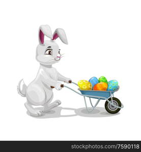 Bunny or rabbit carrying Easter egg hunt wheelbarrow, religion holiday egghunting party. Vector hare animal with cart full of colorful painted eggs, kids competitive game of Easter holiday celebration. Easter holiday bunny with wheelbarrow and eggs