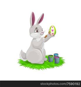 Bunny painting Easter holiday egg. Vector design of egghunting party. White rabbit or bunny cartoon animal decorating egg with paints and brush, Christian religion Resurrection Sunday. Easter cartoon bunny painting egg